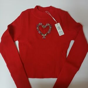 Red Embellished Heart Pullover Top - Women